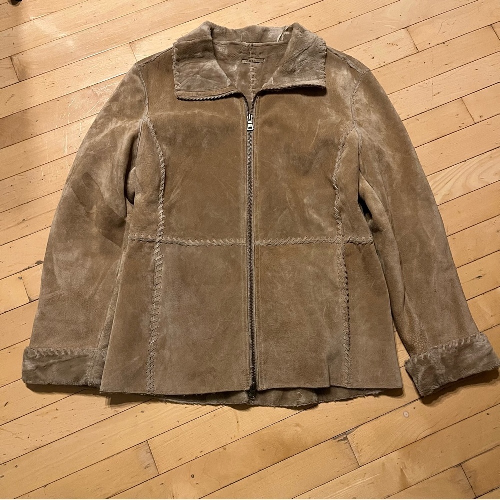 Vintage Guess Jacket Womens Small Tan Genuine Leather Faux Fur Lined Suede Y2K